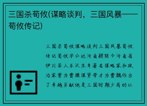 三国杀荀攸(谋略谈判，三国风暴——荀攸传记)