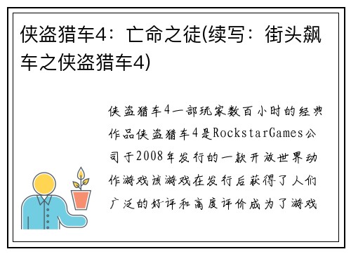 侠盗猎车4：亡命之徒(续写：街头飙车之侠盗猎车4)